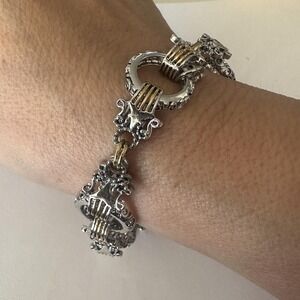 Silver Gold Tone Ornate Circle Link Chain Bracelet Womens 8 Inch Boho Toggle
